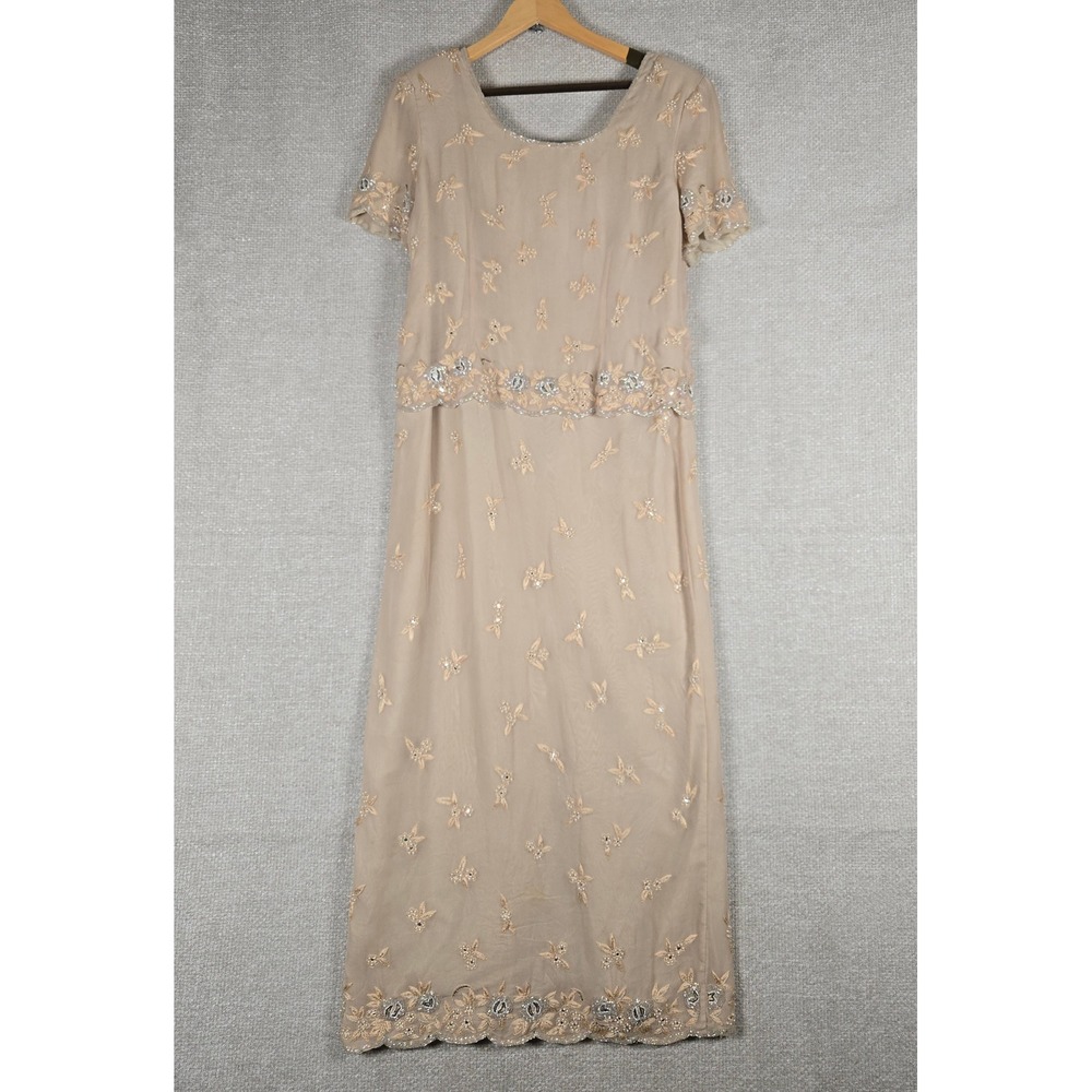 VTG Stenay Silk Beaded Maxi Dress Sz 16 Nude Embroidered Formal Gown PLEASE READ